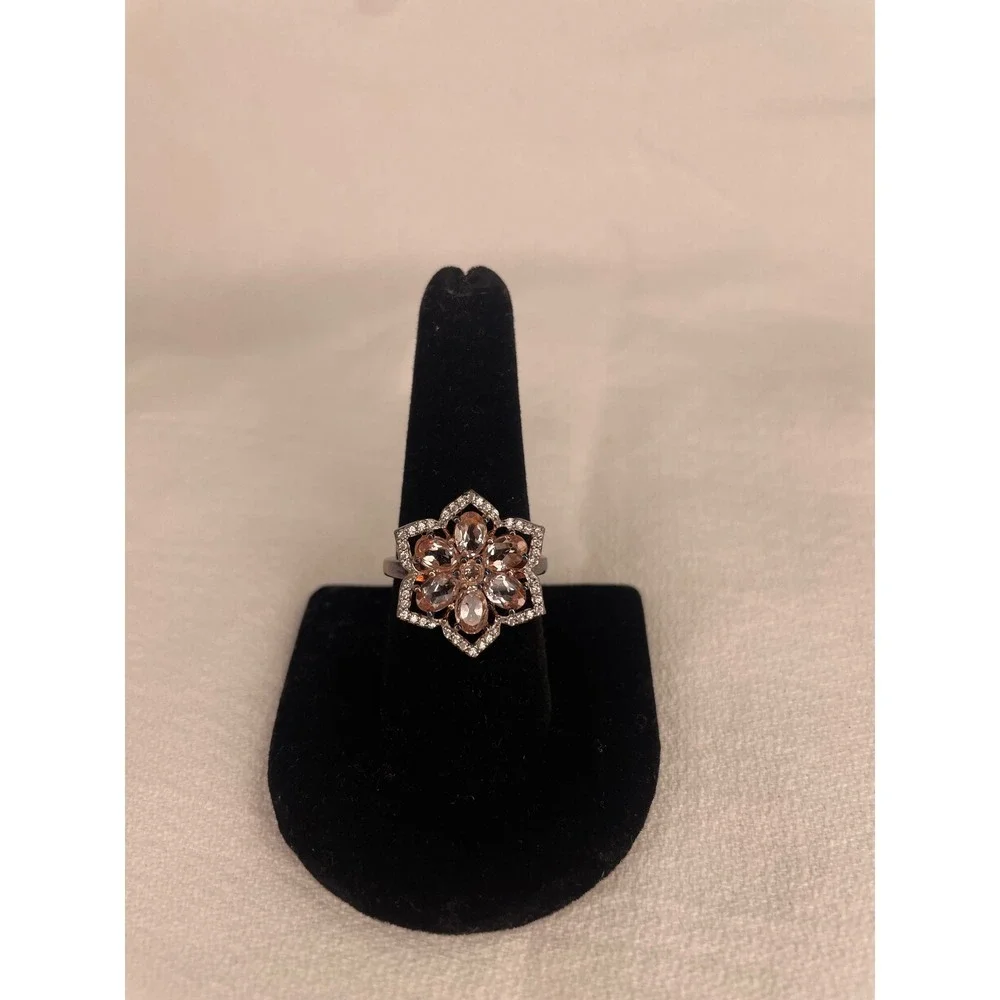 Champagne Crystal Flower Cocktail Ring Silver Tone Hexagon Statement Size 8